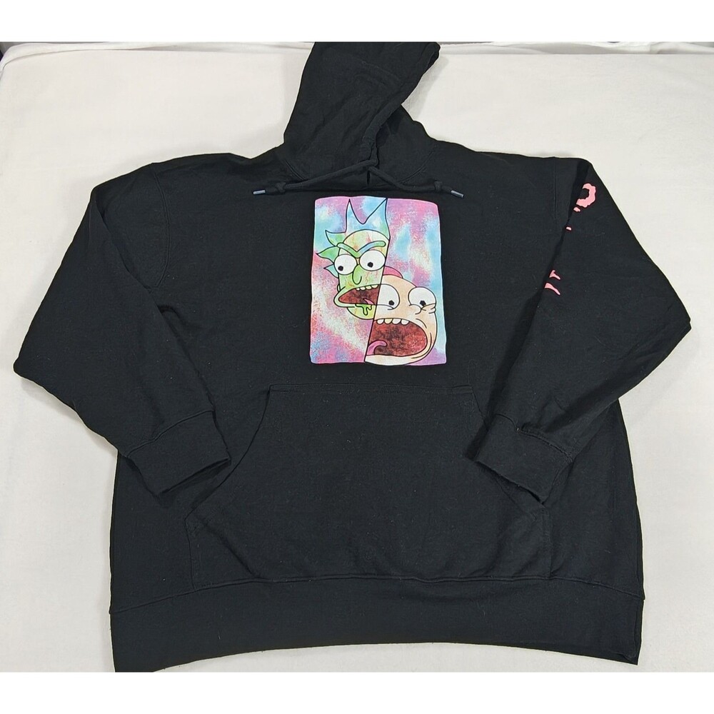 Rick and Morty Adult Swim Graphic Hoodie Mens XL Black Pullover Sweatshirt